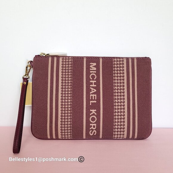MICHAEL KORS Jet Set Signature Jacquard Large Zip Pouch Wristlet- Dark Berry⭐ - Picture 2 of 16